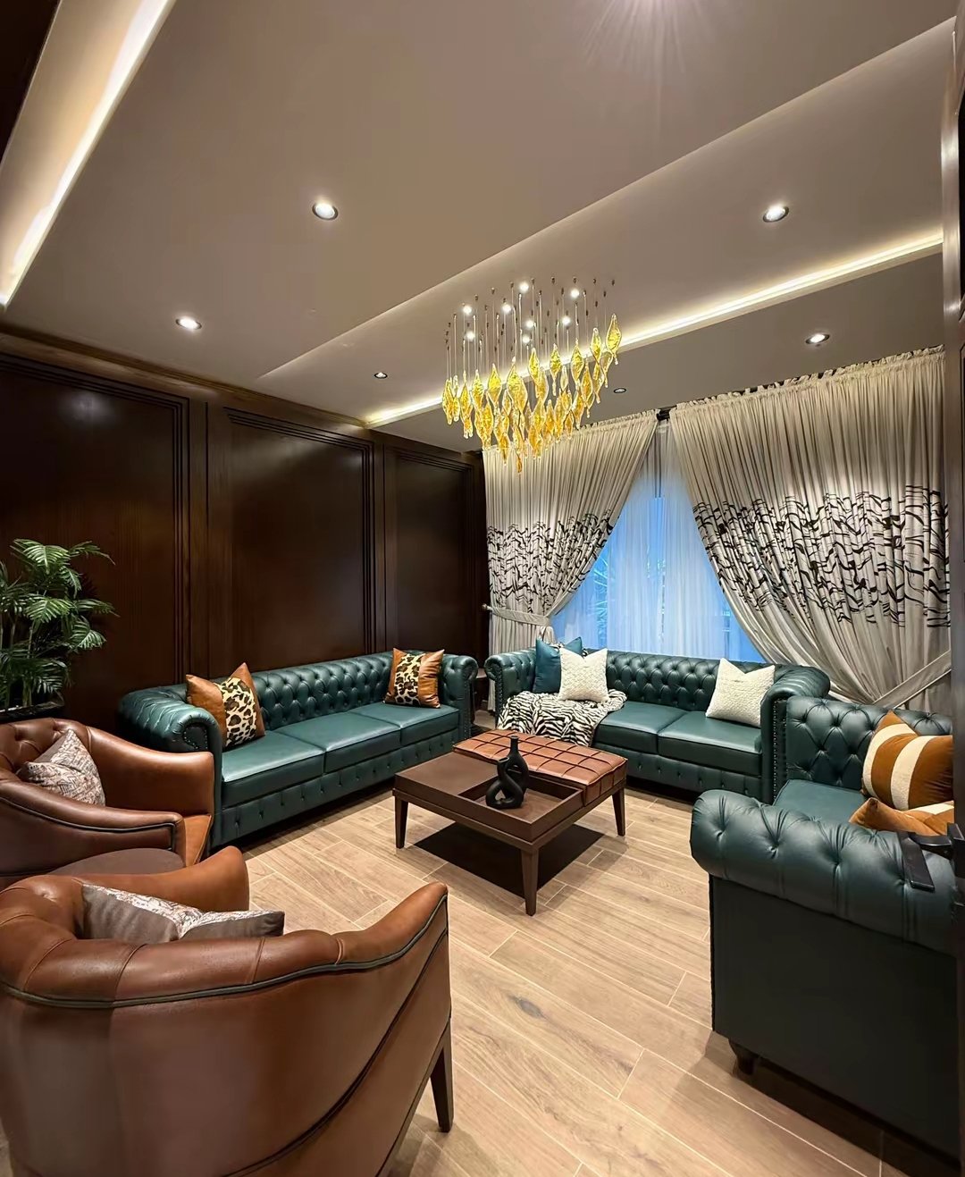 A living room with a sofa and coffee table